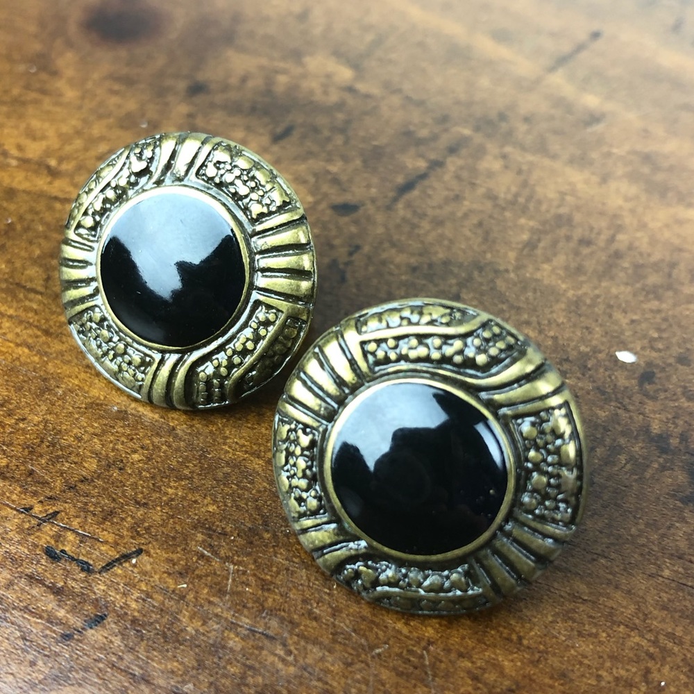 Vintage clip-on earrings, glossy black enamel & textured metal